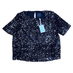 Alex Marie Sequined Blouse Stretch Short Sleeve Lined Party Top Black Womens XL